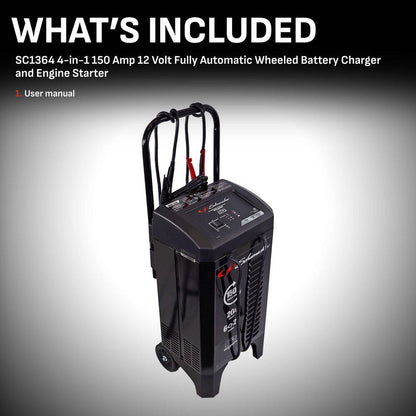 Wheeled Automatic 150A Car Battery Charger and Engine Starter, 20A Boost, 12V for Power Sport, Auto, Marine Batteries